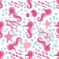 Seahorse and starfish seamless pattern. Sea life summer background. Cute sea life. Design for fabric and decor