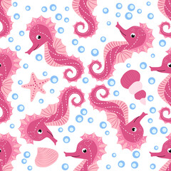 Seahorse and starfish seamless pattern. Sea life summer background. Cute sea life. Design for fabric and decor