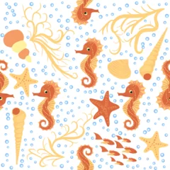 Behang Onder de zee Seahorse and starfish seamless pattern. Sea life summer background. Cute sea life. Design for fabric and decor