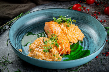 Grilled salmon and salmon steak with rice and sauce