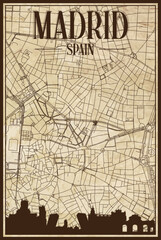 Brown vintage hand-drawn printout streets network map of the downtown MADRID, SPAIN with brown city skyline and lettering