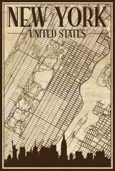 Brown vintage hand-drawn printout streets network map of the downtown NEW YORK CITY, UNITED STATES OF AMERICA with brown city skyline and lettering