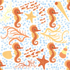 Seahorse and starfish seamless pattern. Sea life summer background. Cute sea life. Design for fabric and decor