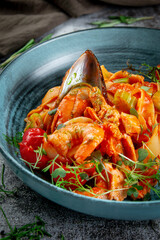 Tagliatelle with seafood, shrimp and oysters in delicate tomato sauce