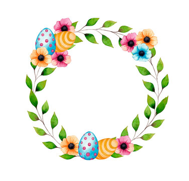Easter wreath with easter eggs, leaves and flowers. Watercolor hand drawn illustration isolated on white background