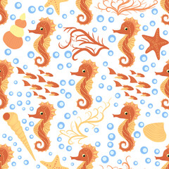 Seahorse and starfish seamless pattern. Sea life summer background. Cute sea life. Design for fabric and decor