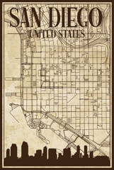 Brown vintage hand-drawn printout streets network map of the downtown SAN DIEGO, UNITED STATES OF AMERICA with brown city skyline and lettering