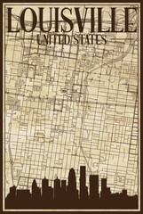 Brown vintage hand-drawn printout streets network map of the downtown LOUISVILLE, UNITED STATES OF AMERICA with brown city skyline and lettering
