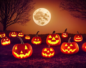 Halloween background,Spooky pumpkin in night moonlight, Halloween card