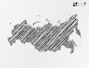 Vector black silhouette chaotic hand drawn scribble sketch  of Russia map on transparent background.