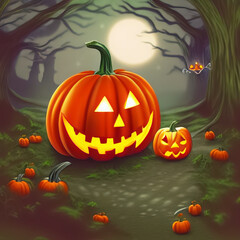 Halloween pumpkin Glowing At Moonlight, halloween background,3d illustration