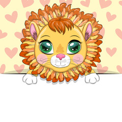 Greeting card cute cartoon animal holding a poster with place for text