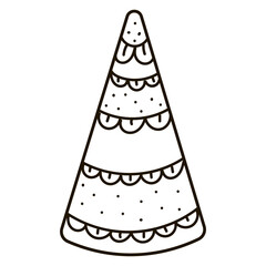 Christmas tree and decorations icon in hand drawn style isolated on white background, design element for wrapping paper or textile print, sketch style holiday tree