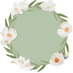white camellia flower on green circle background wreath frame flat style
