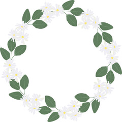 Fototapeta premium white camellia flower on green circle background wreath frame flat style