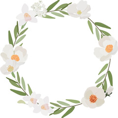 Obraz na płótnie Canvas white camellia flower on green circle background wreath frame flat style