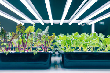 indoor food plant eco farming agriculture with LED lighting technology growing in the building