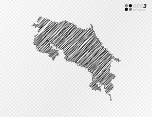 Vector black silhouette chaotic hand drawn scribble sketch  of Costa Rica map on transparent background.