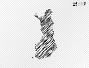 Vector black silhouette chaotic hand drawn scribble sketch  of Finland map on transparent background.