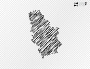Vector black silhouette chaotic hand drawn scribble sketch  of Serbia map on transparent background.