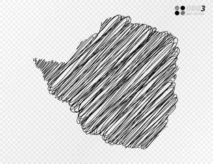 Vector black silhouette chaotic hand drawn scribble sketch  of Zimbabwe map on transparent background.