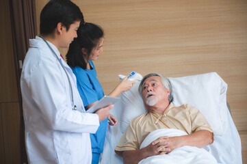 senior elderly patient person visit doctor for health care checkup at hospital, health insurance medical care concept, old man having disease and making medicine help support by nurse at clinic