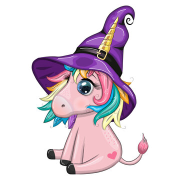 Cute cartoon unicorn in purple witch hat, with pumpkins, potion or broom, Halloween holiday character