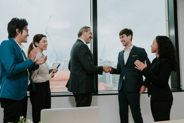 professional business people shaking hands in the office. Finishing successful meeting. businessman persons handshake with partner teamwork, concept of partnership approve a job agreements deal
