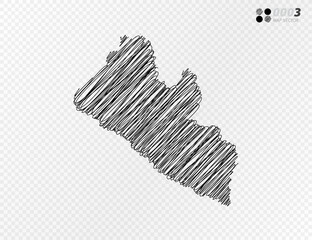 Vector black silhouette chaotic hand drawn scribble sketch  of Liberia map on transparent background.