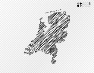 Vector black silhouette chaotic hand drawn scribble sketch  of Netherland map on transparent background.
