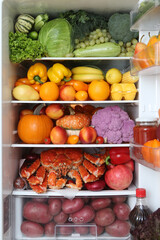 Content of open refrigerator. Color diet. Organic food, fruits, vegetables. Rainbow food in fridge, refrigerator. Healthy, dietary nutrition. Multicolored nutrition. Products in refrigerator, freezer