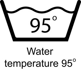 Water temperature 95. Laundry icons. Garment care instructions on labels, machine wash or hand wash signs. 