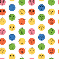 Abstract faces seamless pattern. Funny cartoon characters, doodle trendy avatars, smile people, contemporary geometric print. Decor textile, wrapping paper, wallpaper. Vector background