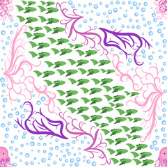 Obraz na płótnie Canvas Seamless pattern with detailed transparent jellyfish. Childish seamless pattern with cute hand drawn fishes and jellyfishes in doodle style. Trendy nursery background