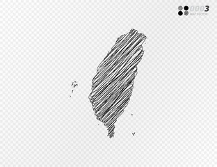 Vector black silhouette chaotic hand drawn scribble sketch  of Taiwan map on transparent background.