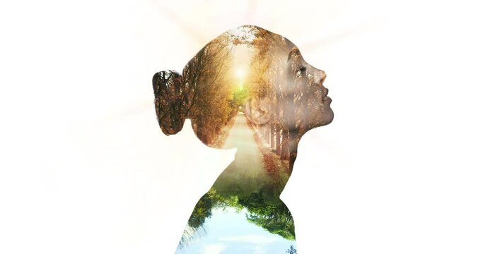 Beauty, woman and nature forest double exposure silhouette and sunshine isolated on studio white background. Overlay, multiple exposure and art model female, jungle or sky park landscape lens flare.