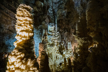 Fairy views from The Frasassi Caves (Italian: Grotte di Frasassi) - the most famous show caves in Italy. The karst cave system is located in the municipality of Genga, Ancona, Marche, Italy.