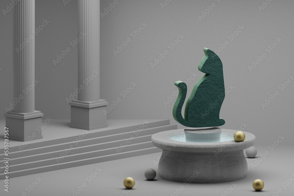 Poster beautiful abstract illustrations green halloween cat symbol icon on a fountain and column background