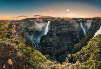 Majestic Haifoss waterfall in volcanic canyon among the central of highlands at Southern of Iceland