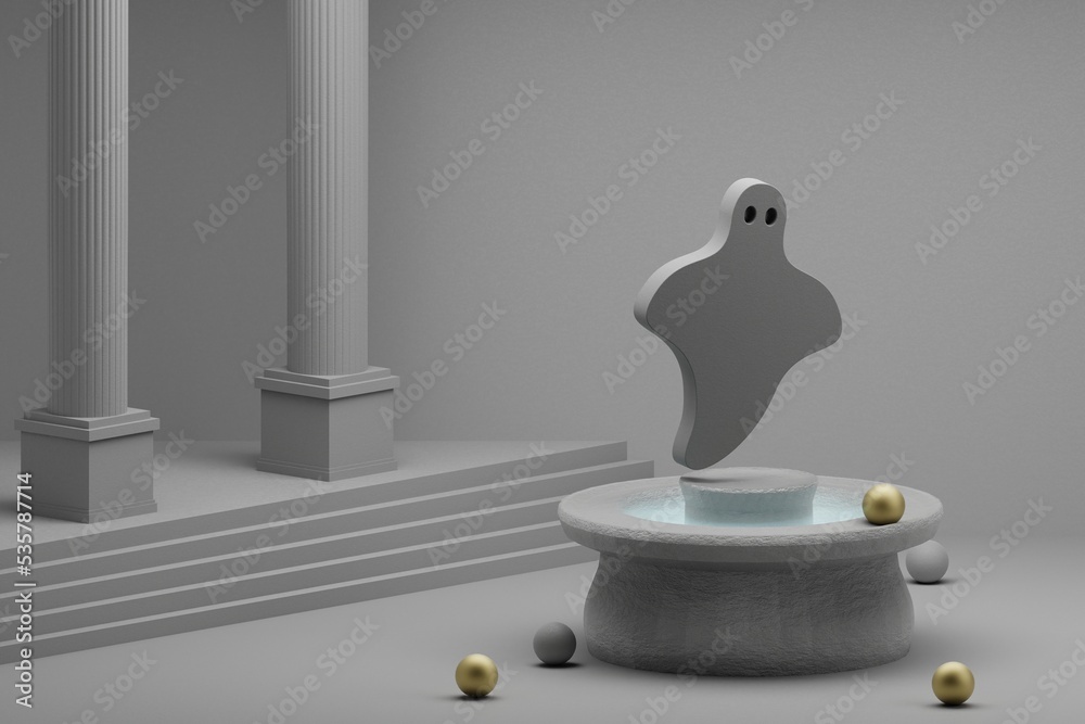 Poster Beautiful abstract illustrations Grey SSSS symbol icon on a fountain and column background. 3d rendering illustration.Halloween day.