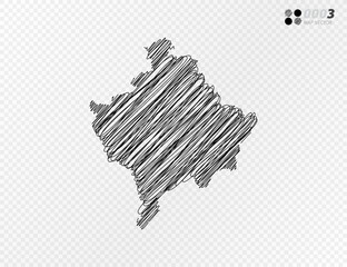 Vector black silhouette chaotic hand drawn scribble sketch  of Kosovo map on transparent background.