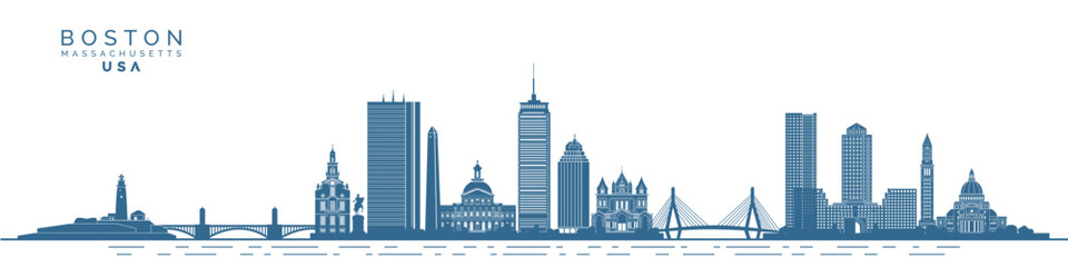 Landmarks of Boston city skyline, modern and historical buildings vector illustration isolated on white background. - 535788507