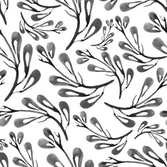 Seamless pattern with ink foliage on a white background