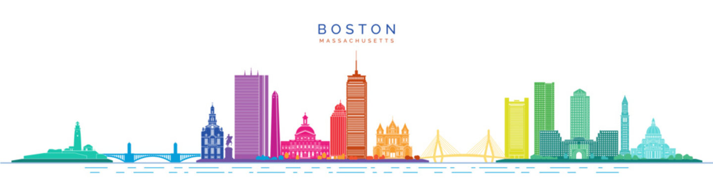 Boston skyscrapers and architectural monuments. City landmarks colorful vector illustration.	
