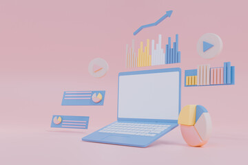 Computer laptop data analytics,marketing business strategy,analysis data and Investment,business finance reports,isometric infographic elements report market,concept website SEO PC Screen,3d rendering