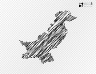 Vector black silhouette chaotic hand drawn scribble sketch  of Pakistan map on transparent background.