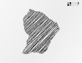 Vector black silhouette chaotic hand drawn scribble sketch  of French Guiana map on transparent background.