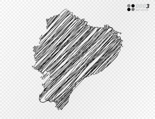 Vector black silhouette chaotic hand drawn scribble sketch  of Ecuador map on transparent background.