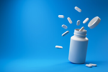 Plastic medical container and falling white pills on a blue background. Medicine and health concept. 3d rendering.