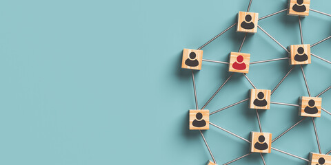 Social public concept. Structure from wooden blocks with icons of people on a blue background. 3D rendering.